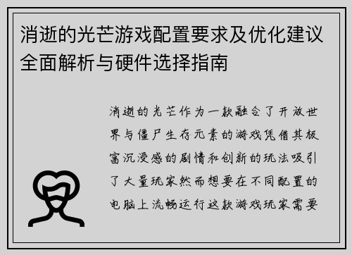 消逝的光芒游戏配置要求及优化建议全面解析与硬件选择指南